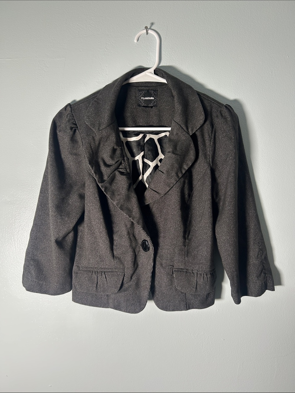 Y2K My Michelle Dark Gray Pinstriped Ruffle Collar Blazer Jacket